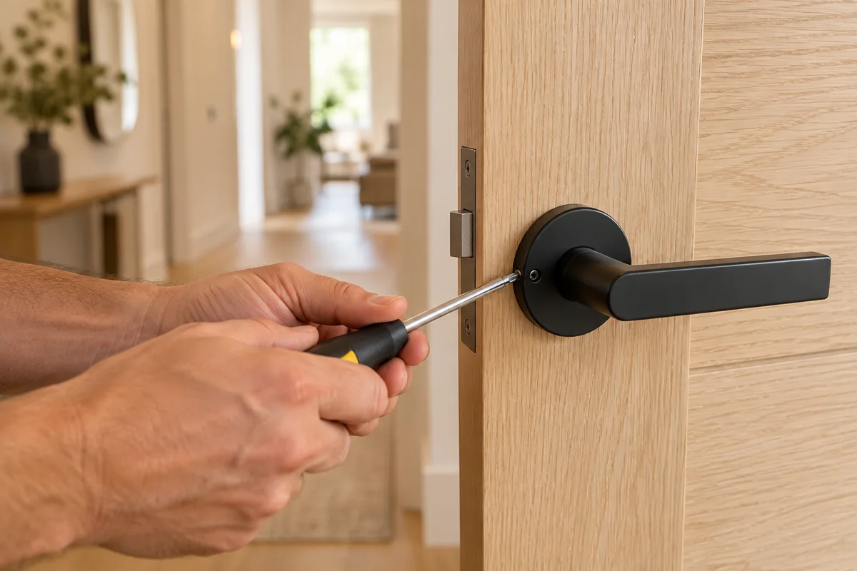 Hands adjusting a black handle on a natural oak door