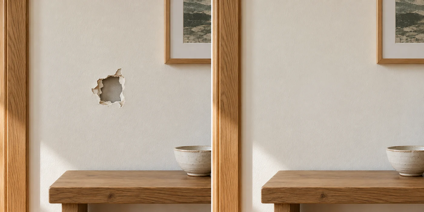 Illustrative comparison of a small drywall hole and the same wall repaired and painted